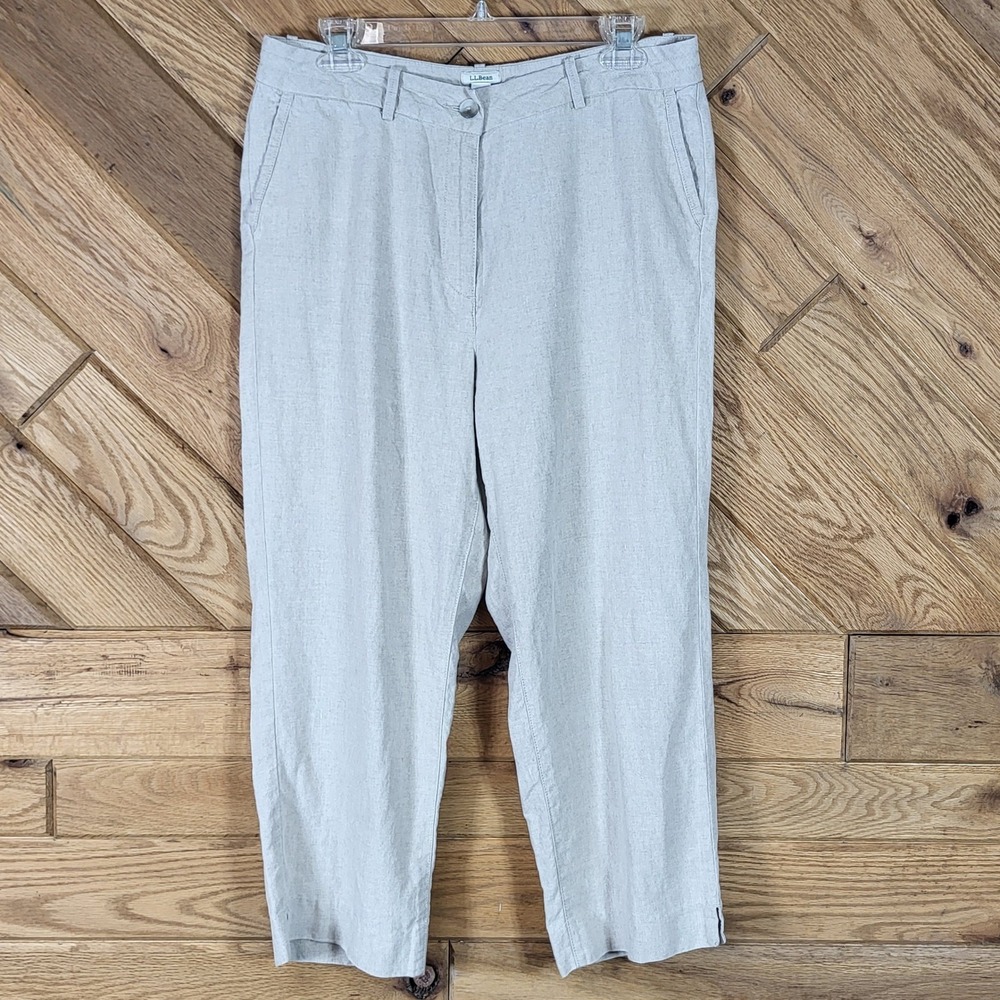 LL Bean Linen Pants Womens 12 Classic Fit Crop Straight Leg Oatmeal Grey Beige
